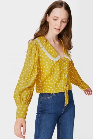 Blusas C&A Clockhouse With Knot Detail Floral Amarillo | KPVBSH-231