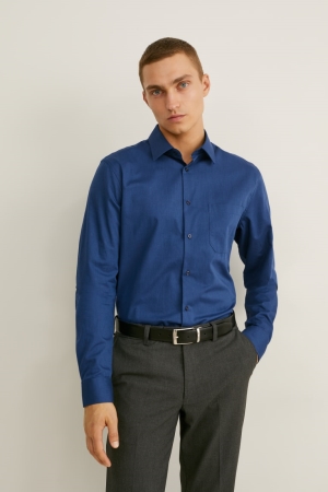 Camisas C&A Business Regular Fit Kent Collar Extra-Sleeve s Azules Oscuro | ELQNFB-027