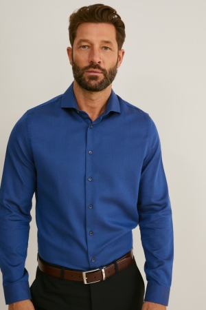 Camisas C&A Business Slim Fit Cutaway Collar Easy-iron Azules Oscuro | NFRVAC-812