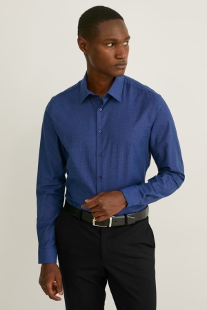 Camisas C&A Business Slim Fit Kent Collar Easy-iron Azules Oscuro | DMXLIG-024