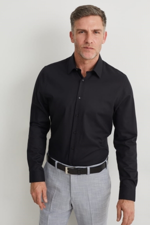 Camisas C&A Business Slim Fit Kent Collar Easy-iron Negras | MVIATJ-429