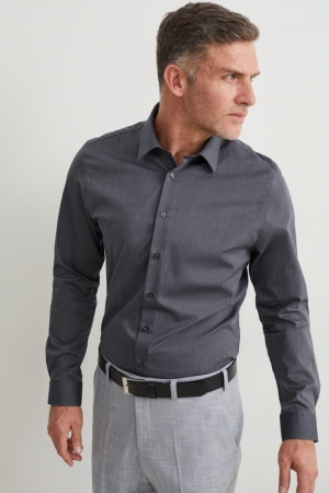 Camisas C&A Business Slim Fit Kent Collar Easy-iron Gris | RMPGQZ-578