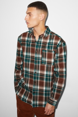 Camisas C&A Clockhouse Flannel Relaxed Fit Kent Collar Check Marrones Verde Oscuro | MRKACD-632