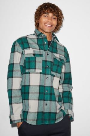 Camisas C&A Clockhouse Relaxed Fit Kent Collar Check Verde Oscuro Blancas | MCNFJQ-397