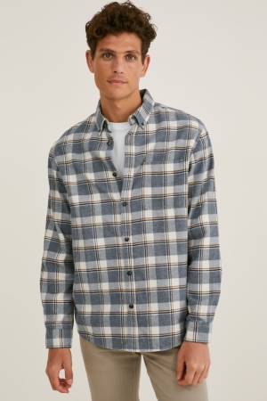 Camisas C&A Flannel Regular Fit Button-down Collar Check Blancas Gris | TOWFXA-510