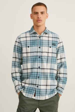 Camisas C&A Flannel Regular Fit Kent Collar Check Verde Blancas | RGODCT-259