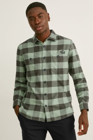 Camisas C&A Flannel Regular Fit Kent Collar Check Verde Oscuro Negras | RHJZTS-325