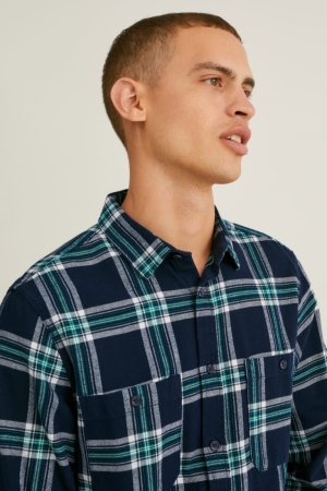 Camisas C&A Flannel Regular Fit Kent Collar Check Azules Oscuro Gris | RJUKYW-168