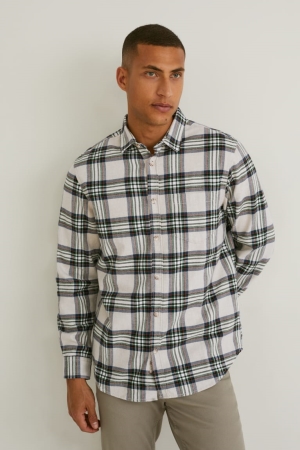 Camisas C&A Flannel Regular Fit Kent Collar Check Marrones Blancas | WBHSPU-301