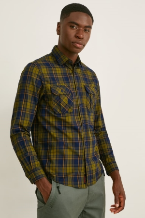 Camisas C&A Flannel Regular Fit Kent Collar Thermolite® Check Verde Oscuro | YEBKQZ-872