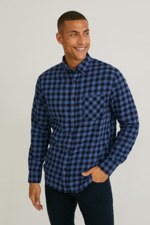 Camisas C&A Regular Fit Button-down Collar Check Azules | LJHZOE-527