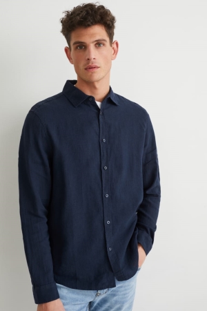 Camisas C&A Regular Fit Kent Collar With Linen Made From European Flax® Azules Oscuro | FBTDMH-268