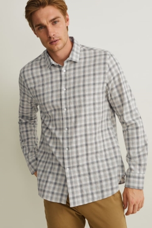 Camisas C&A Slim Fit Kent Collar Check Gris | YHATEP-419