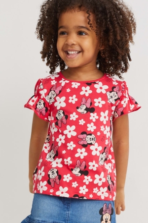 Camiseta C&A Minnie Mouse Sleeve Floral Rojas | DUQGCB-719