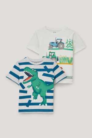 Camiseta C&A Multipack Of 2 Tractor And Dinosaur Sleeve Blancas | QJRAMG-534