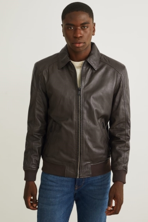 Chaquetas C&A Cuero Bomber Marrones Oscuro | BCFNUM-693