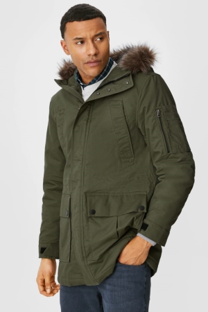 Chaquetas C&A Parka With Hood And Faux Fur Trim Recycled Verde Oscuro | OWXUKE-791