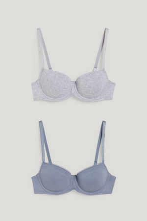 Ropa Interior C&A Multipack Of 2 Underwire Bra Demi Acolchado Lycra® Azules Gris | HTJBSG-291