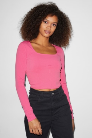 Tops C&A Clockhouse Cropped Long Sleeve Rosas | MCEKRA-147