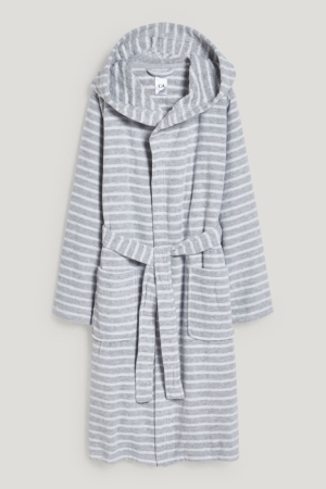 Trajes De Baño C&A Bathrobe With Hood A Rayas Gris Claro | RABTMH-580