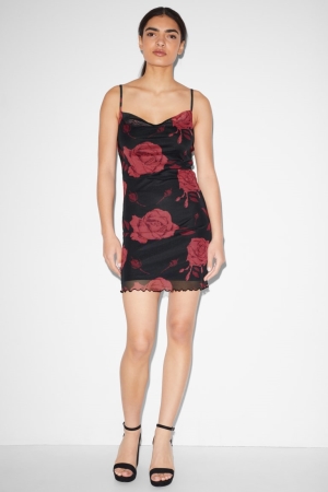 Vestido C&A Clockhouse Bodycon Floral Negras | EADJOT-461