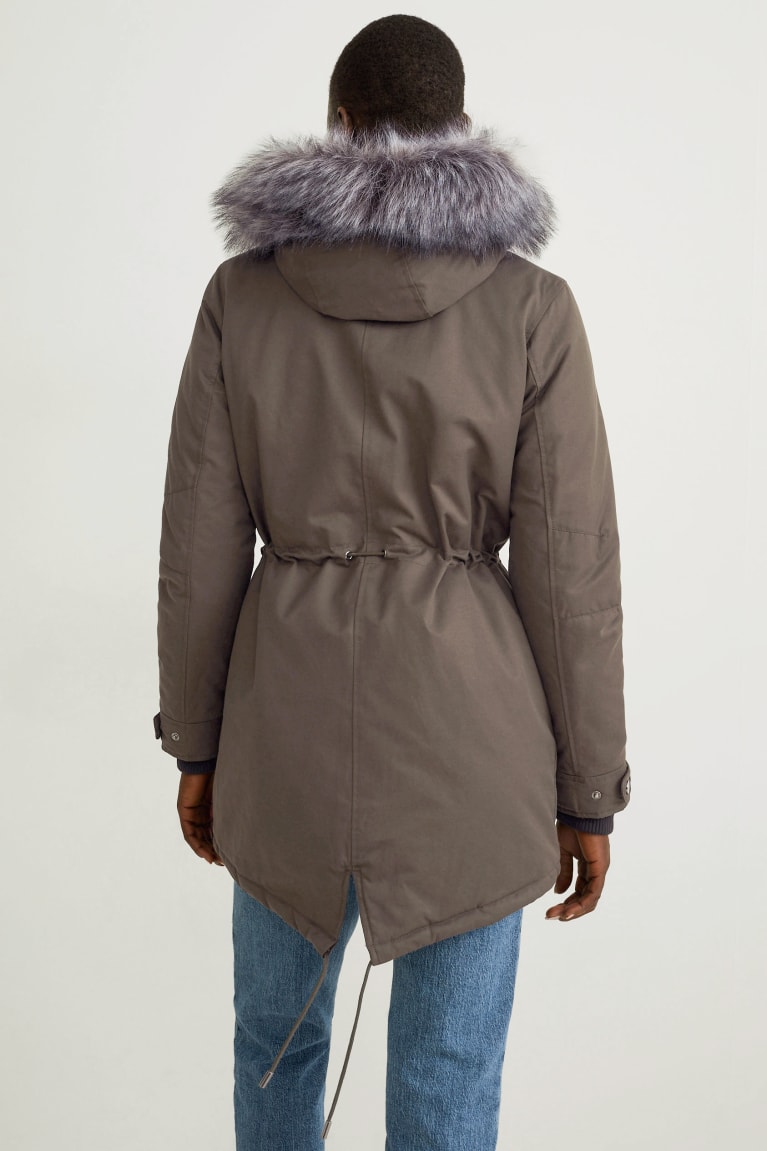 Abrigos C&A Parka With Hood And Faux Fur Trim Invierno Verde Oscuro | OHAEZN-037