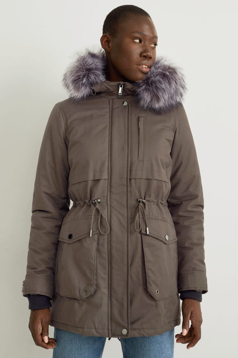 Abrigos C&A Parka With Hood And Faux Fur Trim Invierno Verde Oscuro | OHAEZN-037