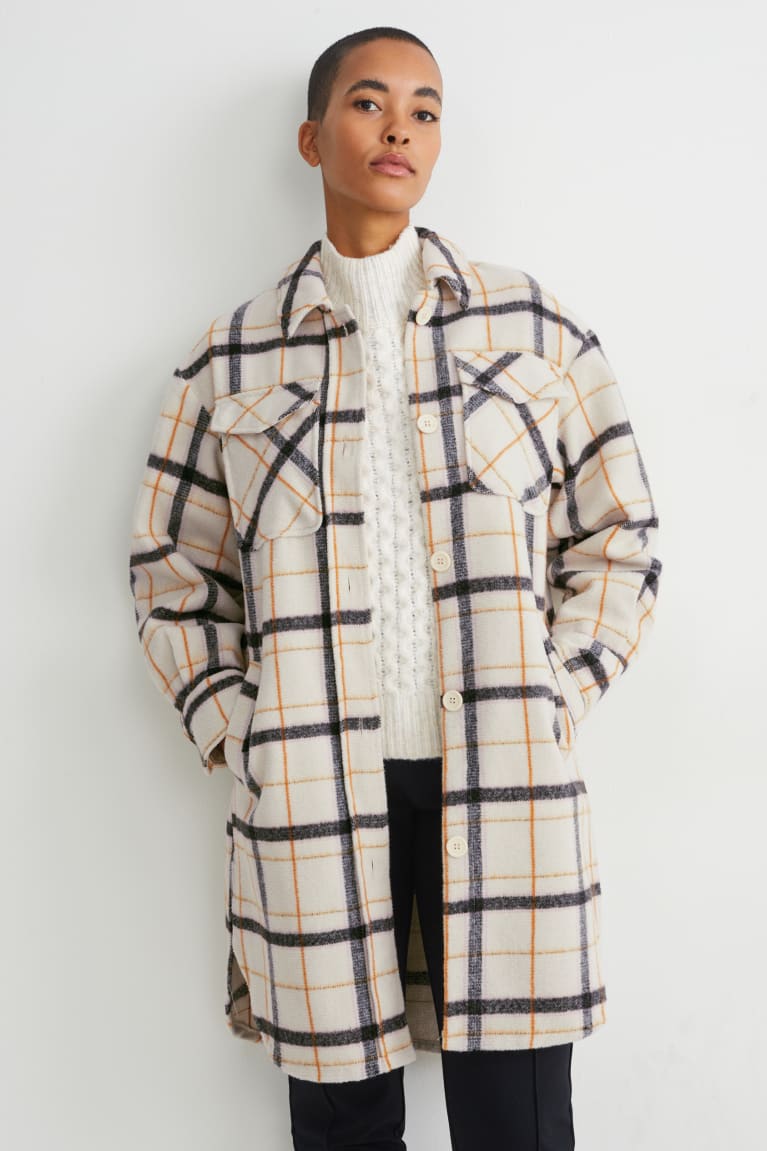 Abrigos C&A Shacket Check Beige | QSUCVL-326