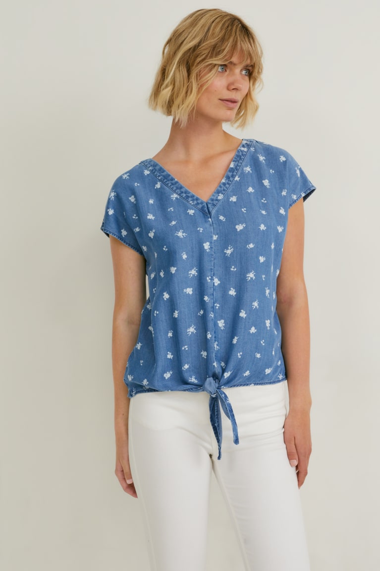 Blusas C&A With Knot Detail Tencel™ Floral Azules | IUNATL-946