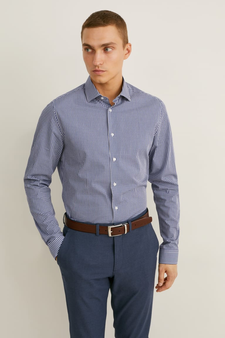 Camisas C&A Business Slim Fit Cutaway Collar Easy-iron Check Azules Oscuro Blancas | BDJFGX-406