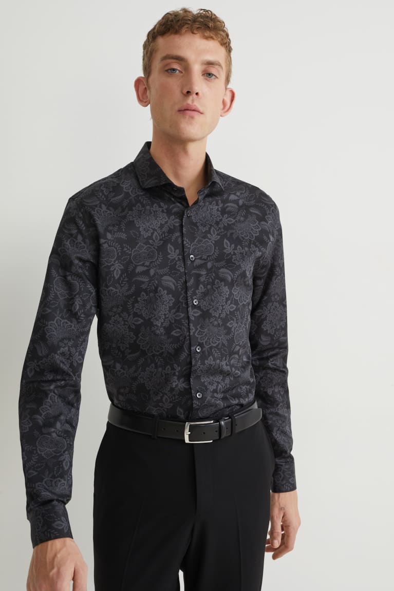 Camisas C&A Business Slim Fit Cutaway Collar Easy-iron Patterned Negras | YGHDKF-593