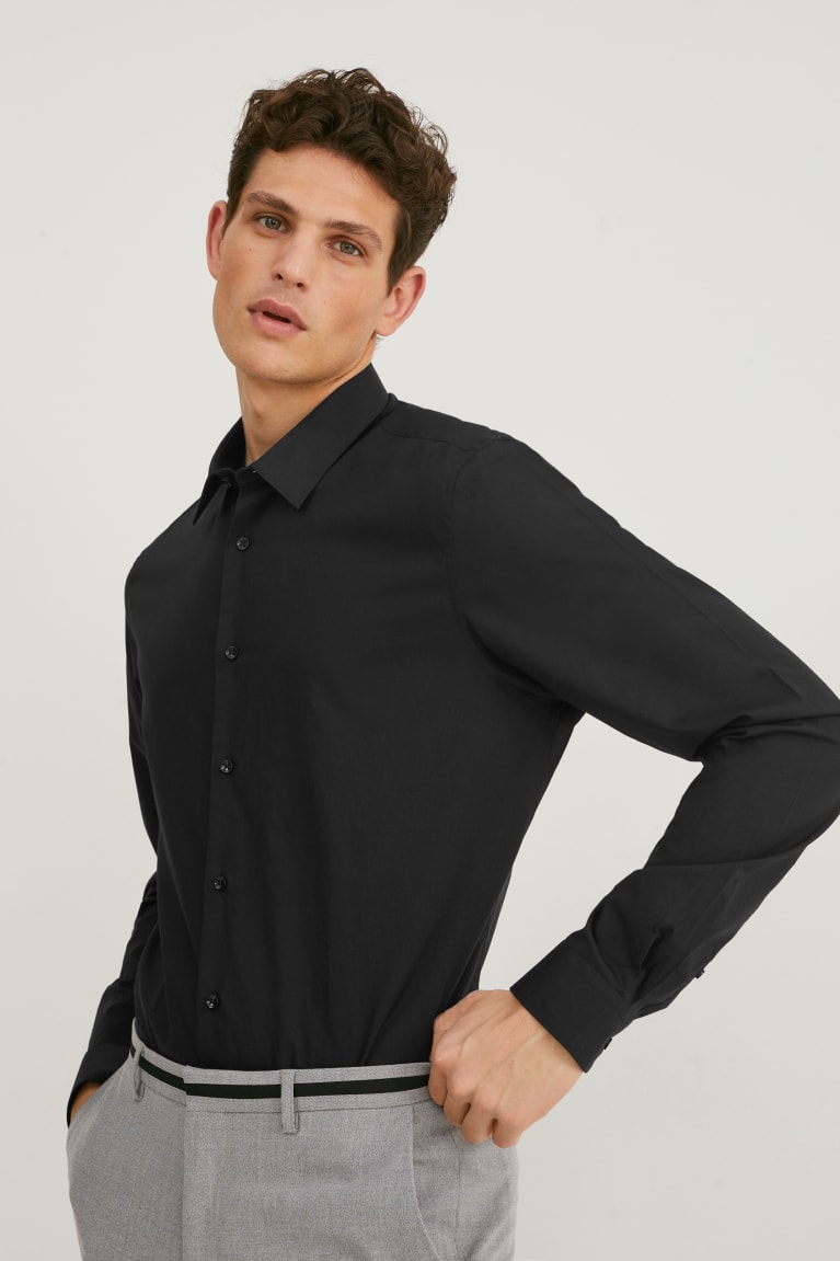 Camisas C&A Business Slim Fit Extra-long Sleeve s Easy-iron Negras | QRJZTG-396