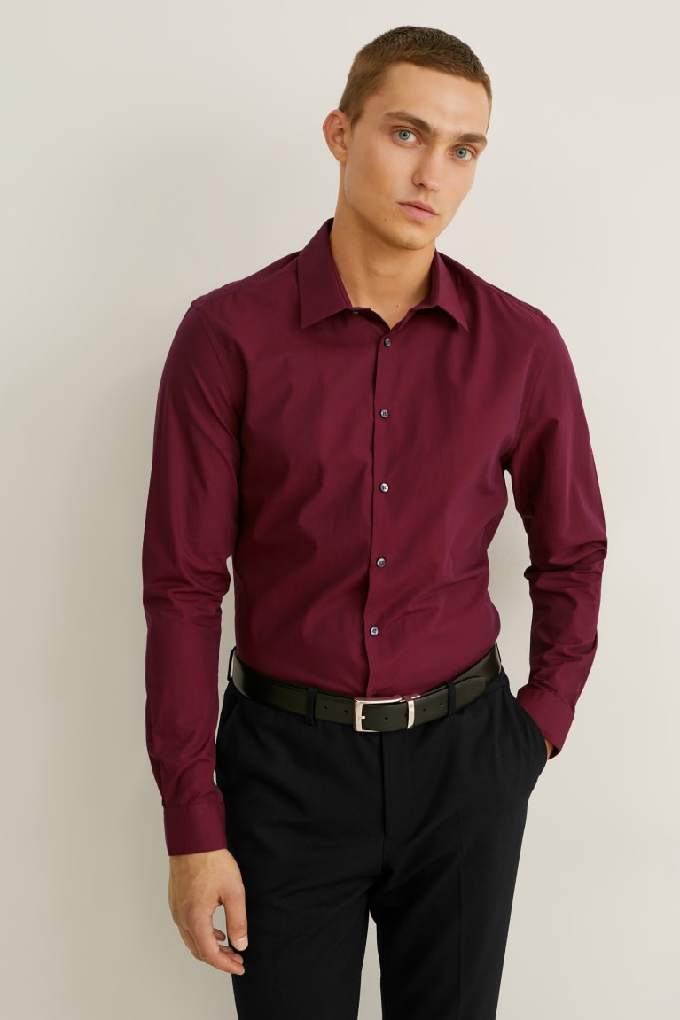 Camisas C&A Business Slim Fit Kent Collar Easy-iron Burdeos | CWLBMZ-681