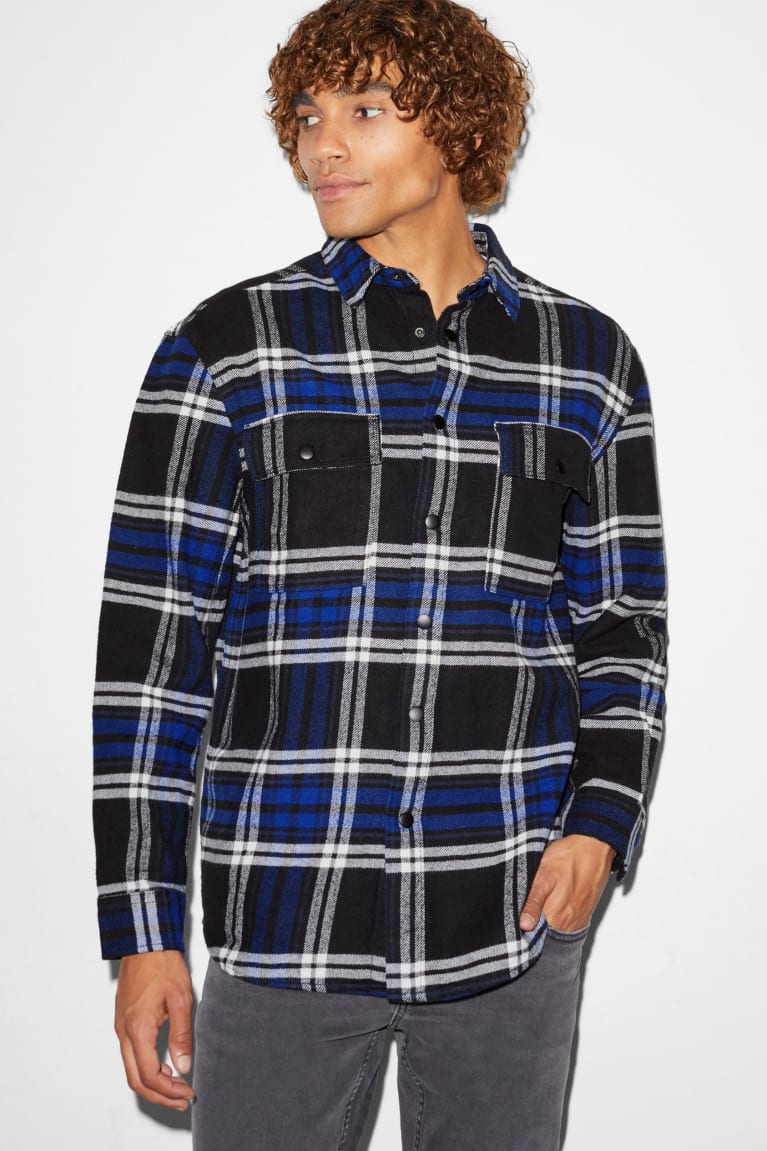 Camisas C&A Clockhouse Flannel Relaxed Fit Kent Collar Check Azules Negras | NEXARP-726