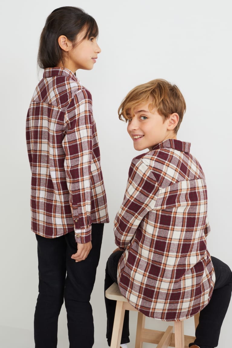 Camisas C&A Flannel Genderneutral Organic Algodon Check Beige Burdeos | GWCTAN-205