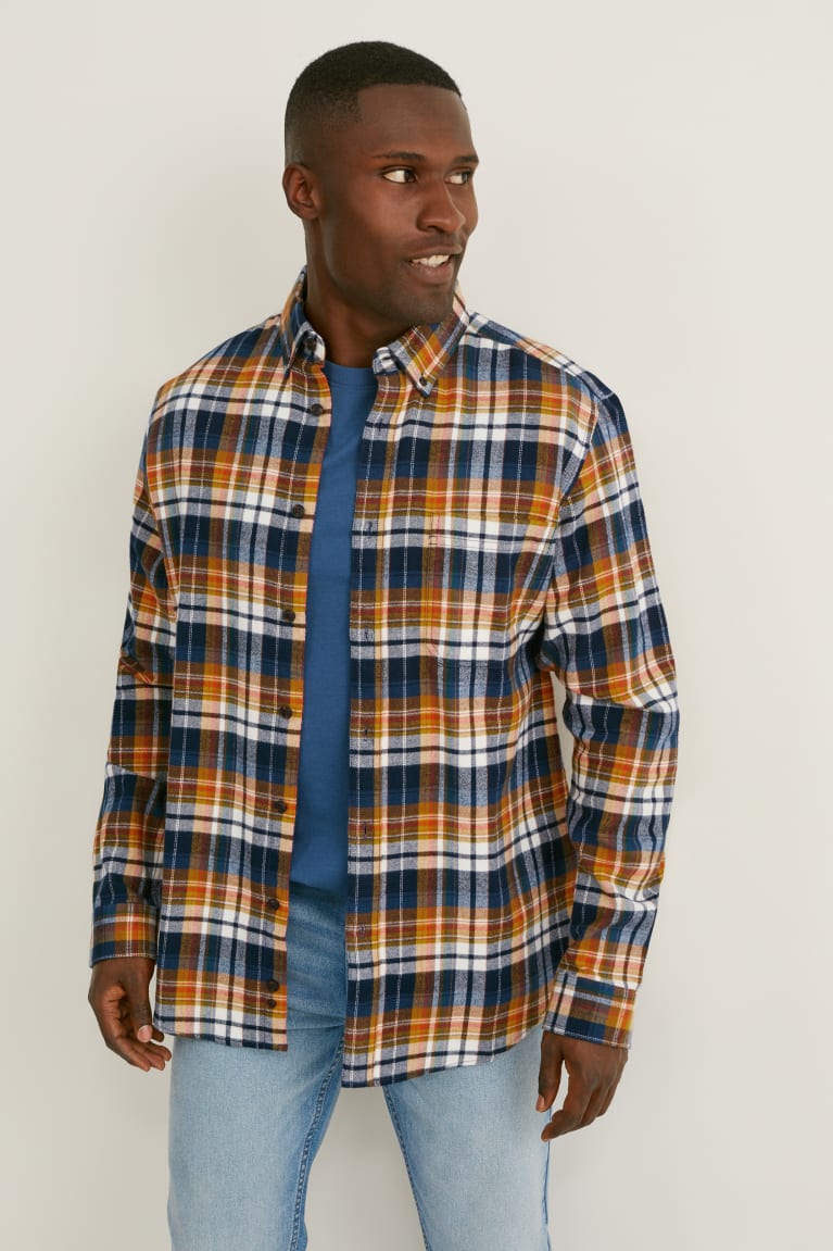 Camisas C&A Flannel Regular Fit Button-down Collar Check Naranjas Azules Oscuro | VNJLBT-689