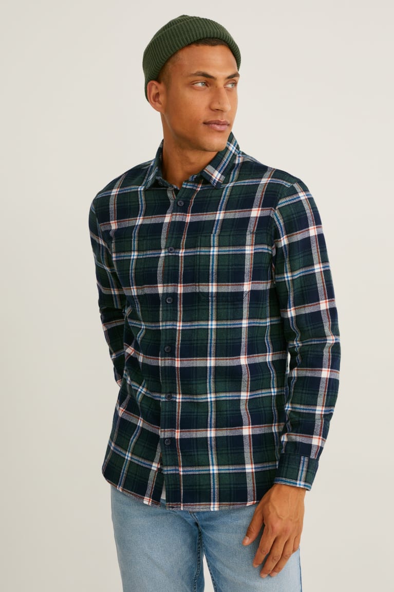 Camisas C&A Flannel Regular Fit Kent Collar Check Verde Oscuro Blancas | ACTQKI-762