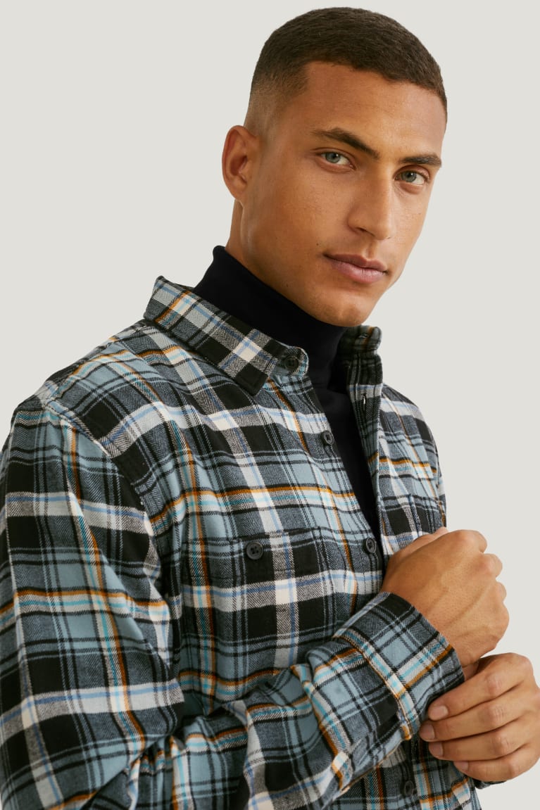 Camisas C&A Flannel Regular Fit Kent Collar Check Verde Oscuro Gris | ETNAYS-506