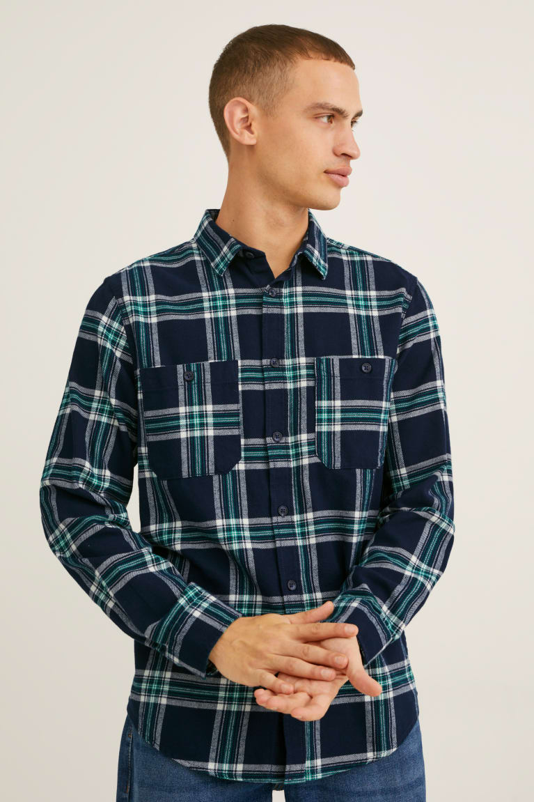 Camisas C&A Flannel Regular Fit Kent Collar Check Azules Oscuro Gris | RJUKYW-168