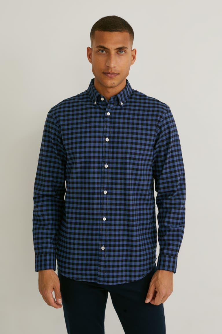 Camisas C&A Oxford Regular Fit Button-down Collar Check Azules Oscuro | KPJVSF-635