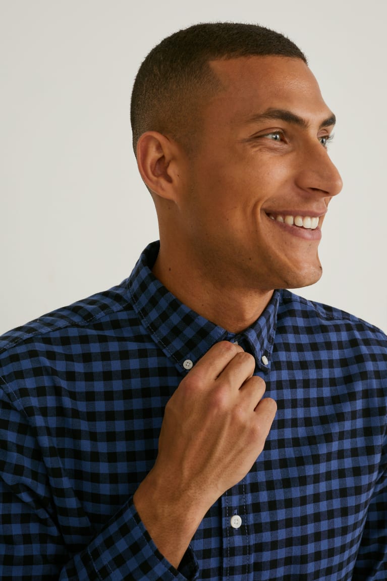 Camisas C&A Oxford Regular Fit Button-down Collar Check Azules Oscuro | KPJVSF-635