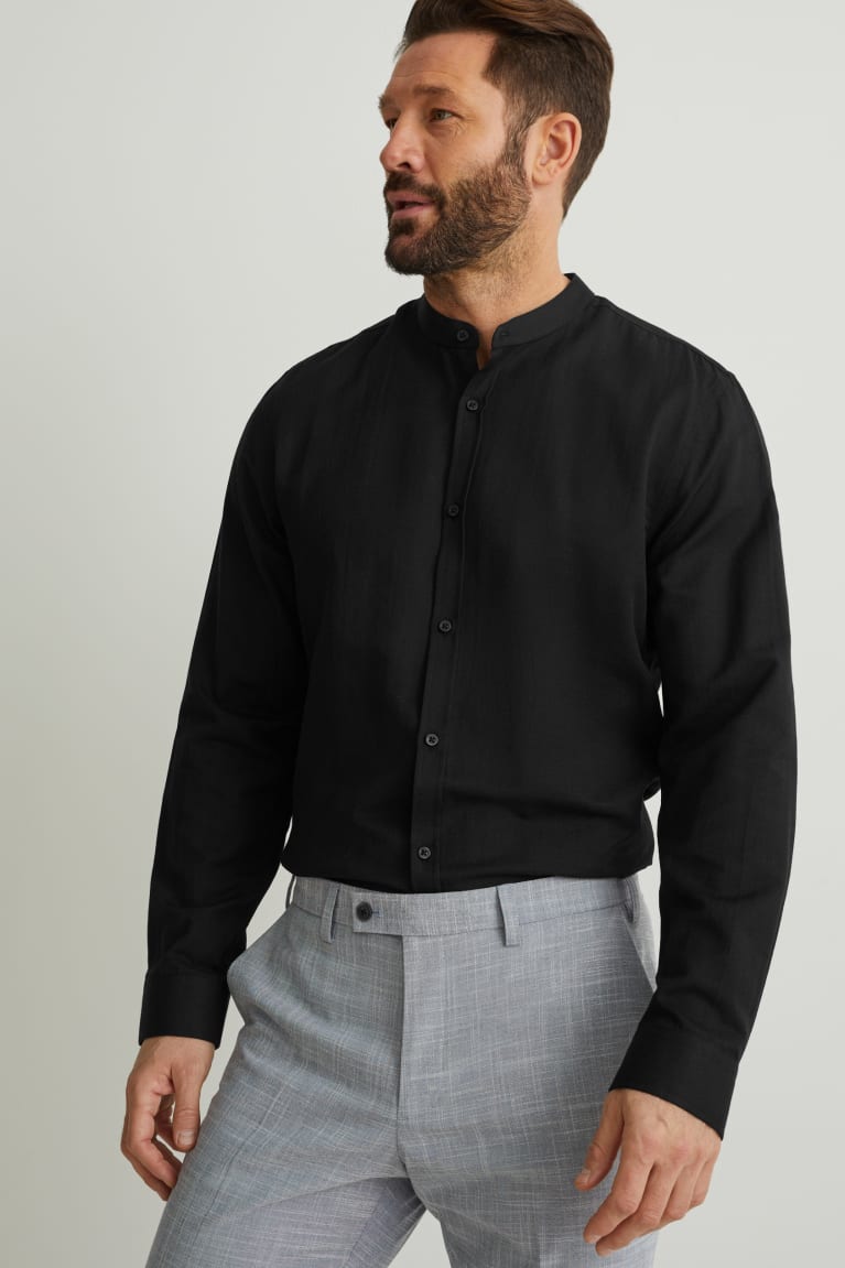 Camisas C&A Oxford Slim Fit Band Collar Negras | YSZRJN-198