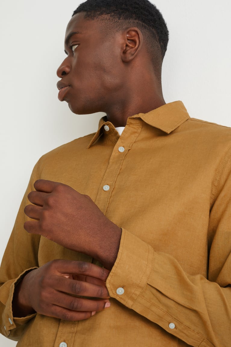 Camisas C&A Regular Fit Kent Collar With Linen Made From European Flax® Moutarde Amarillo | DOENXM-258