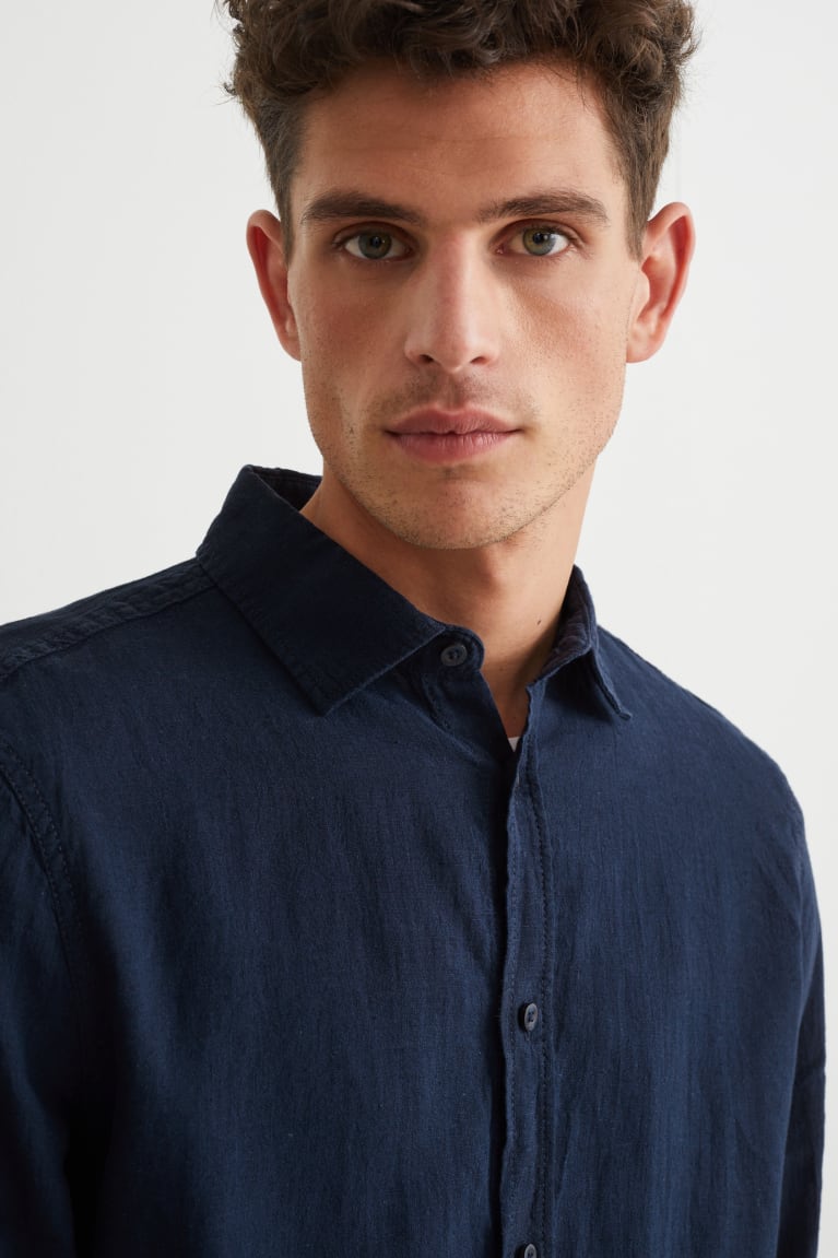 Camisas C&A Regular Fit Kent Collar With Linen Made From European Flax® Azules Oscuro | FBTDMH-268