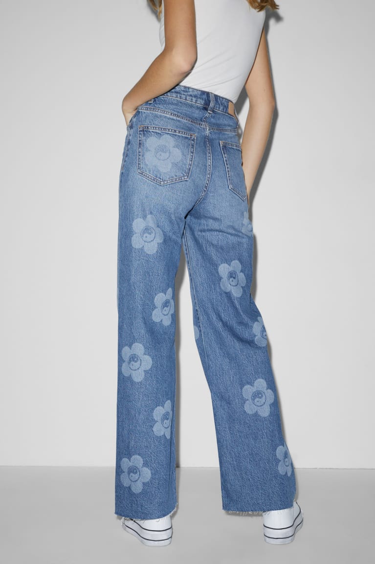 Jeans C&A Clockhouse Anchos Leg High Cintura Floral Azules | XVFADZ-257