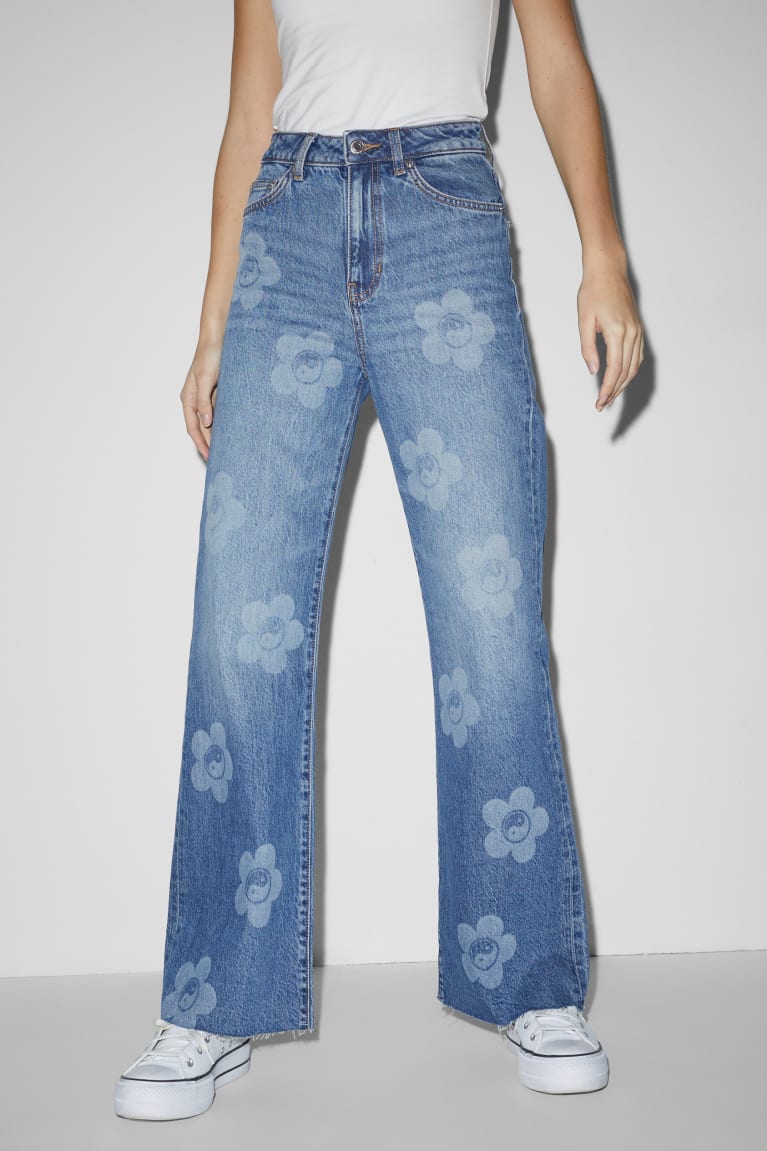 Jeans C&A Clockhouse Anchos Leg High Cintura Floral Azules | XVFADZ-257