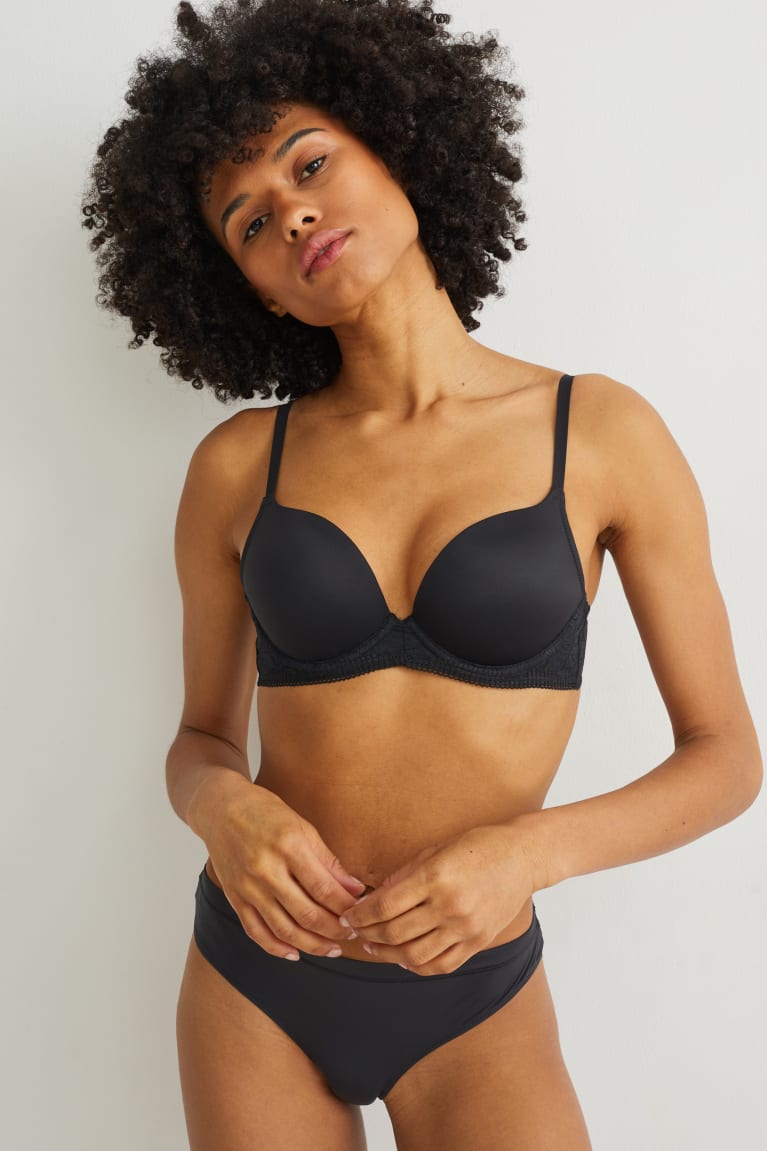 Ropa Interior C&A Underwire Bra Plunge Push-up Lycra® Negras | LIKFET-916