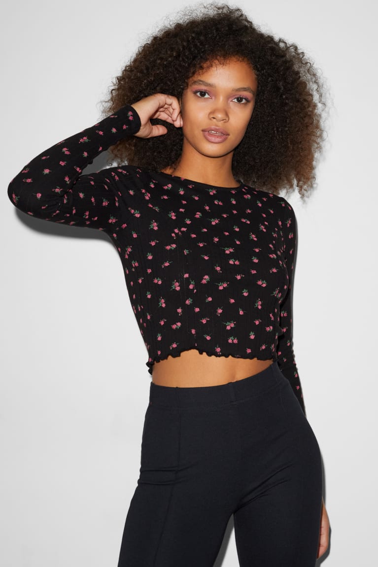 Tops C&A Clockhouse Cropped Long Sleeve Floral Negras | FCTYWN-742