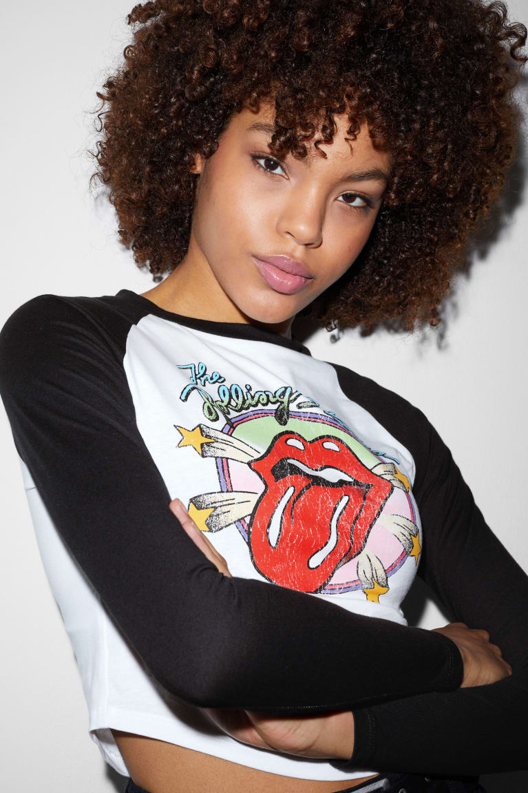 Tops C&A Clockhouse Cropped Long Sleeve Rolling Stones Blancas | WTUIFN-784